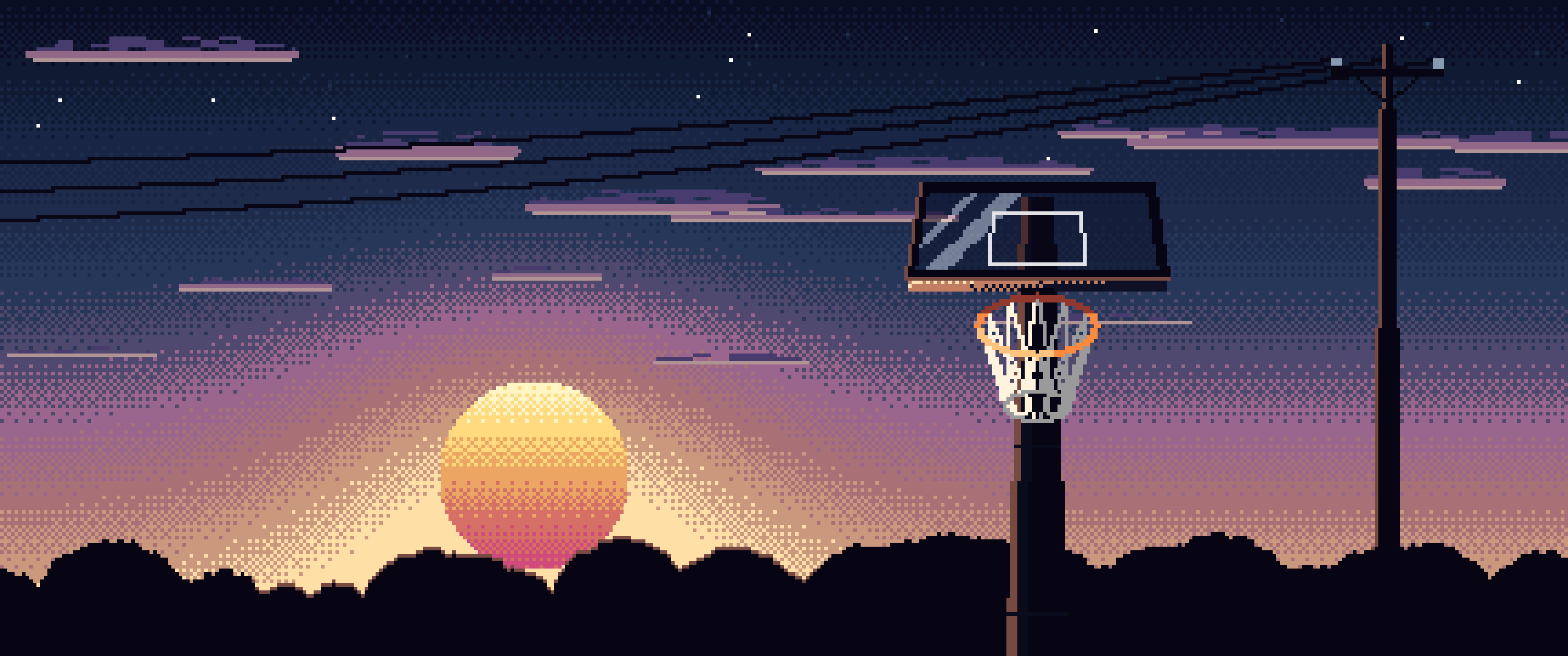 Navy Pixel Art Basketball Hoop at Sunset ultrawide wallpaper, 3440 × 1440