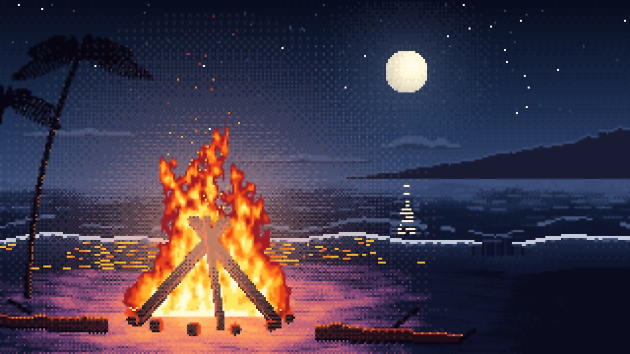 Navy Pixel Art Beach Bonfire at Night desktop wallpaper in 4K