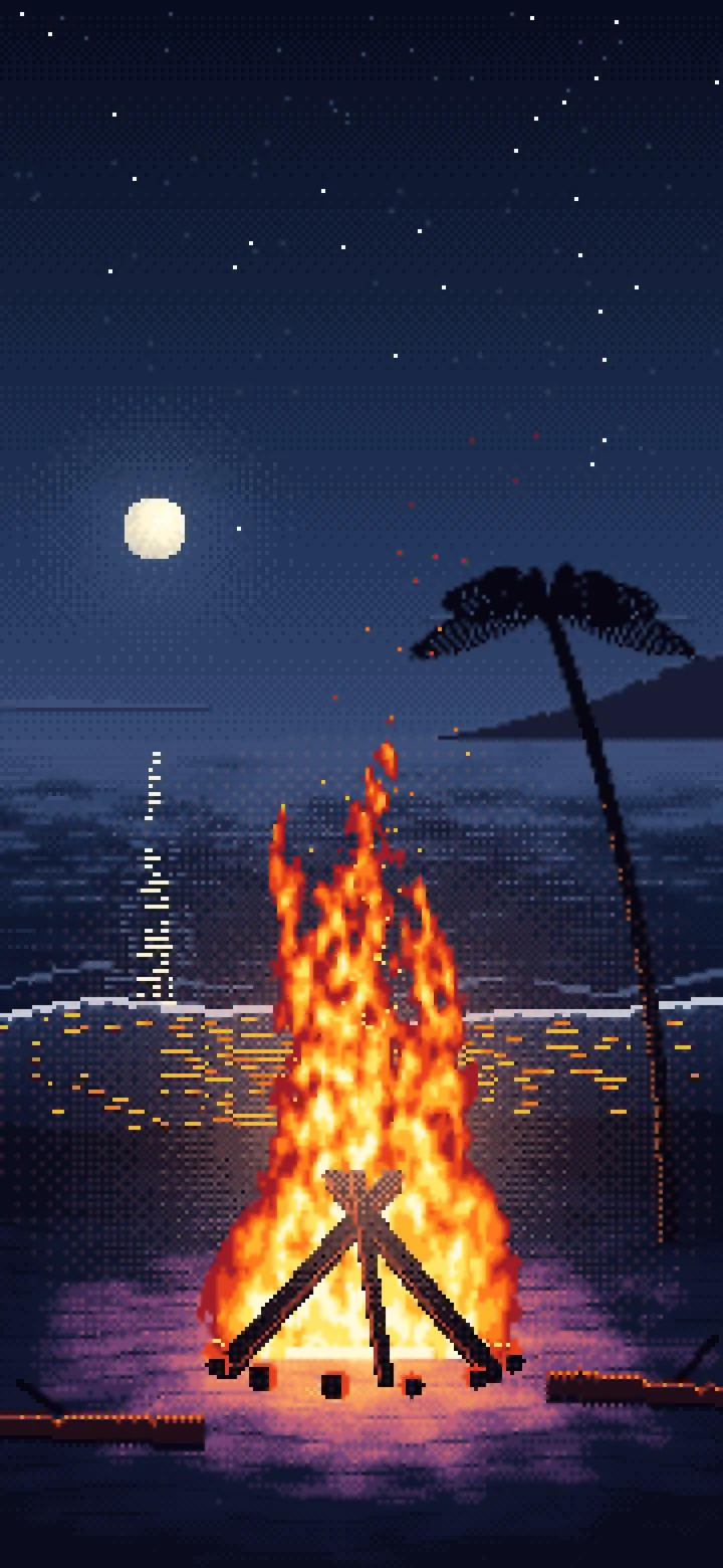 Navy Pixel Art Beach Bonfire at Night wallpaper for iPhone and Android
