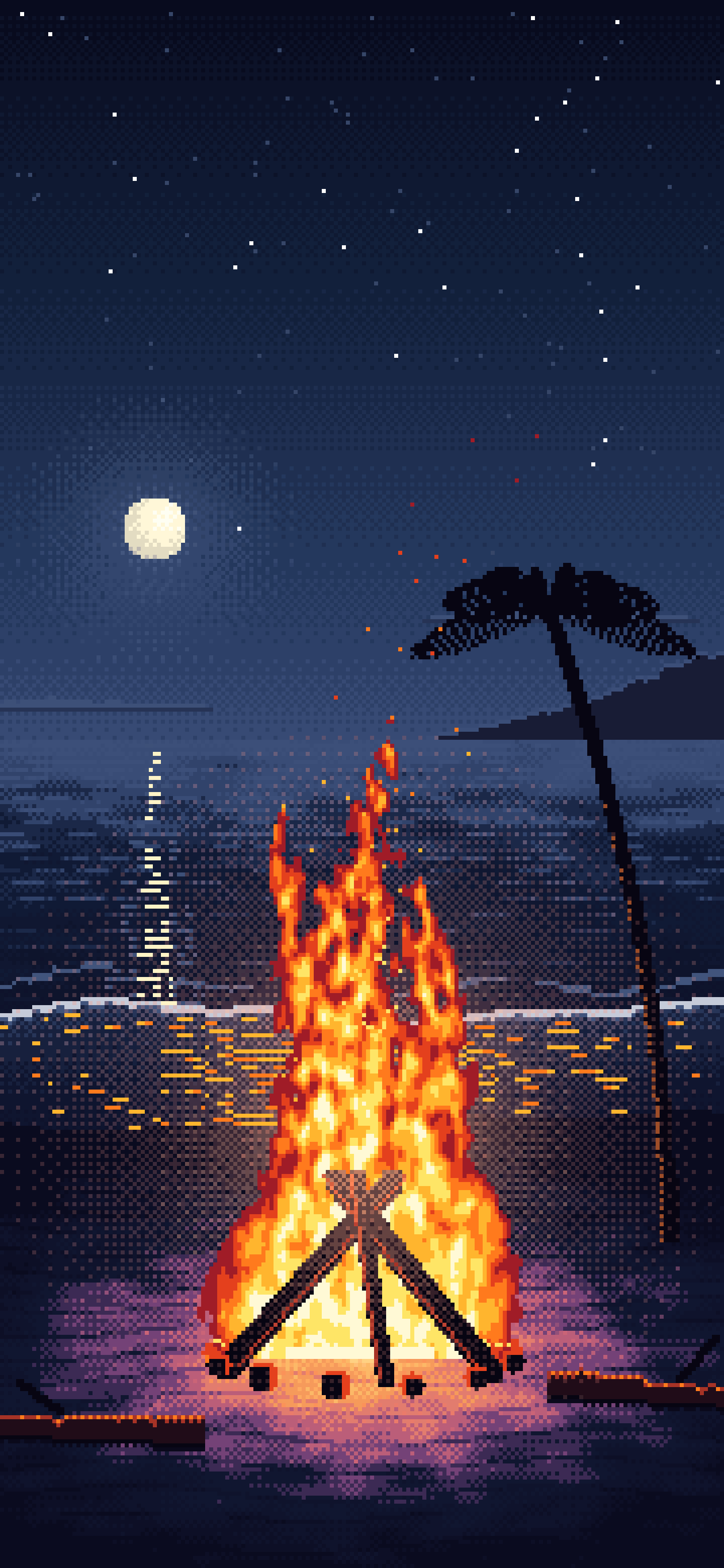 Navy Pixel Art Beach Bonfire at Night wallpaper for iPhone and Android