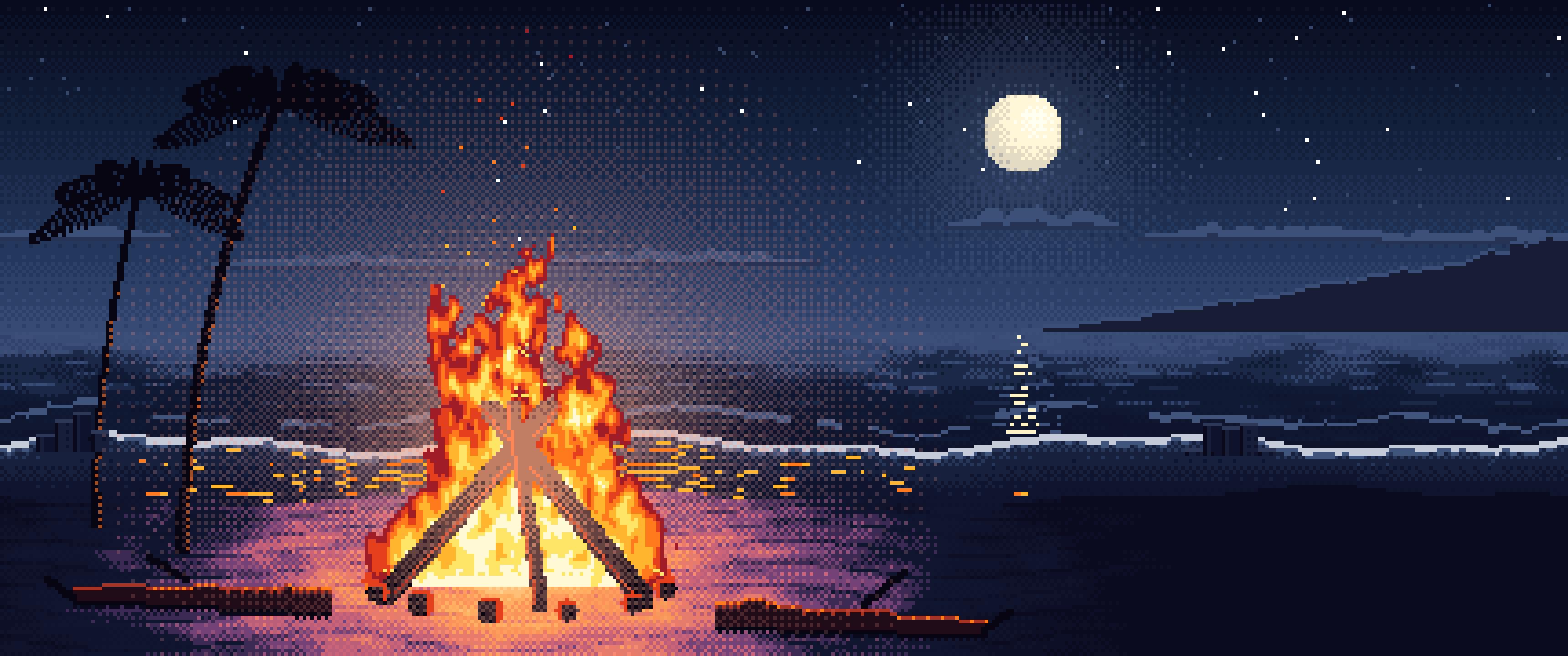 Navy Pixel Art Beach Bonfire at Night ultrawide wallpaper, 3440 × 1440