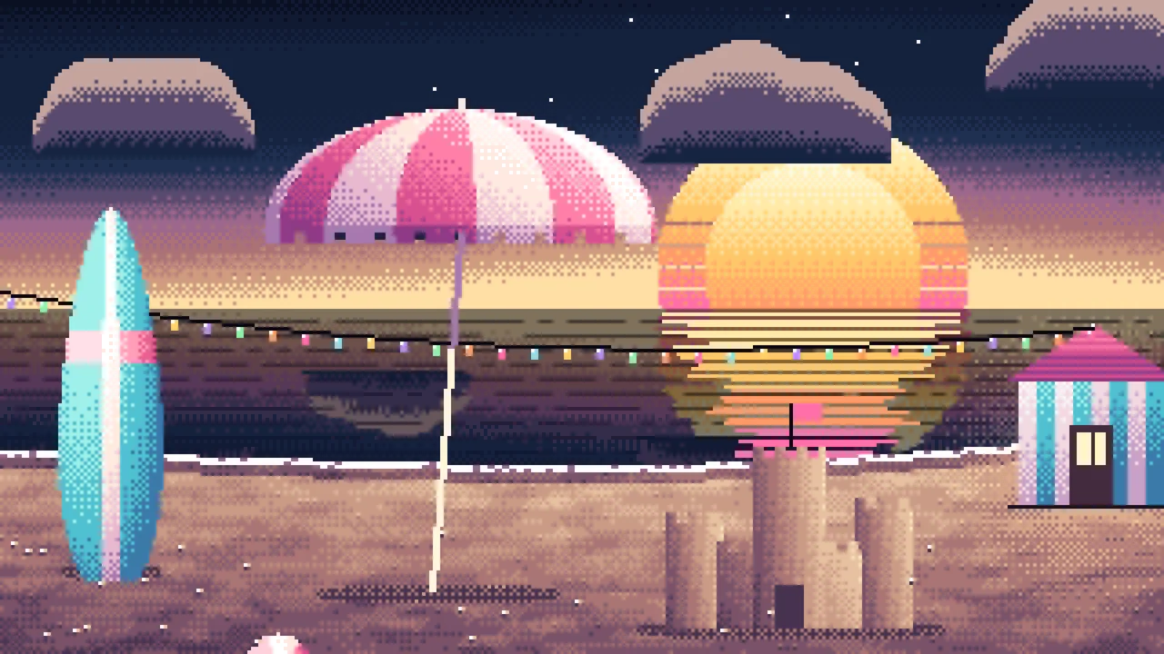 Navy Pixel Art Beach Hut Sunset desktop wallpaper in 4K
