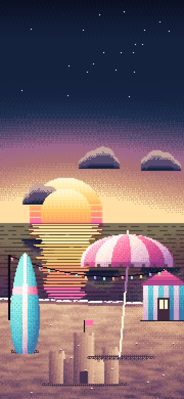 Navy Pixel Art Beach Hut Sunset wallpaper for iPhone and Android