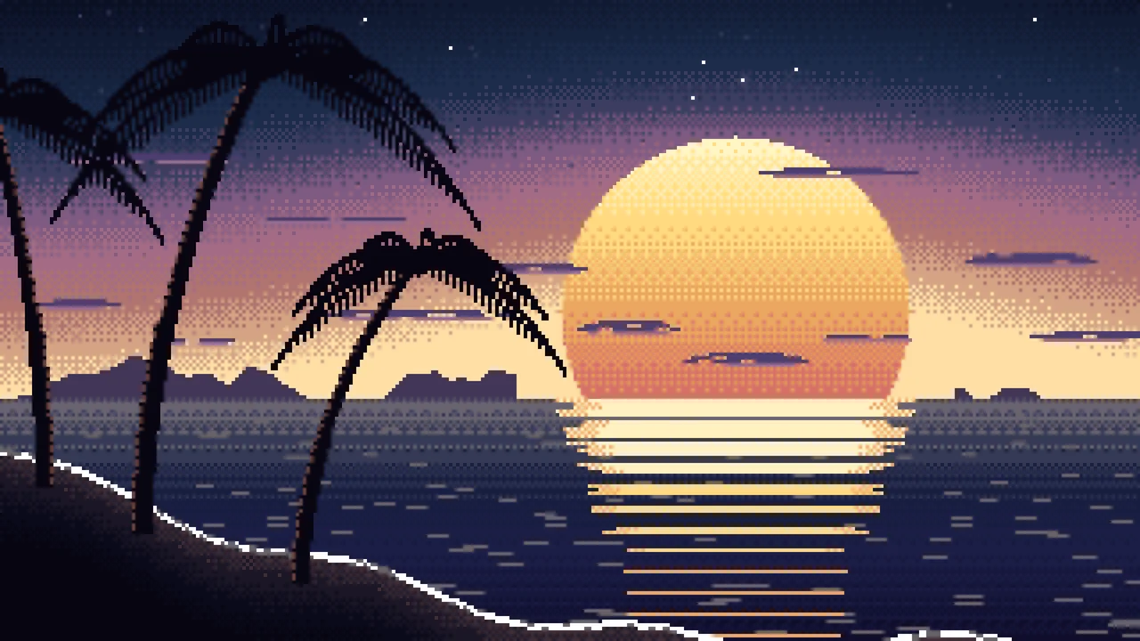 Navy Pixel Art Beach Sunset desktop wallpaper in 4K