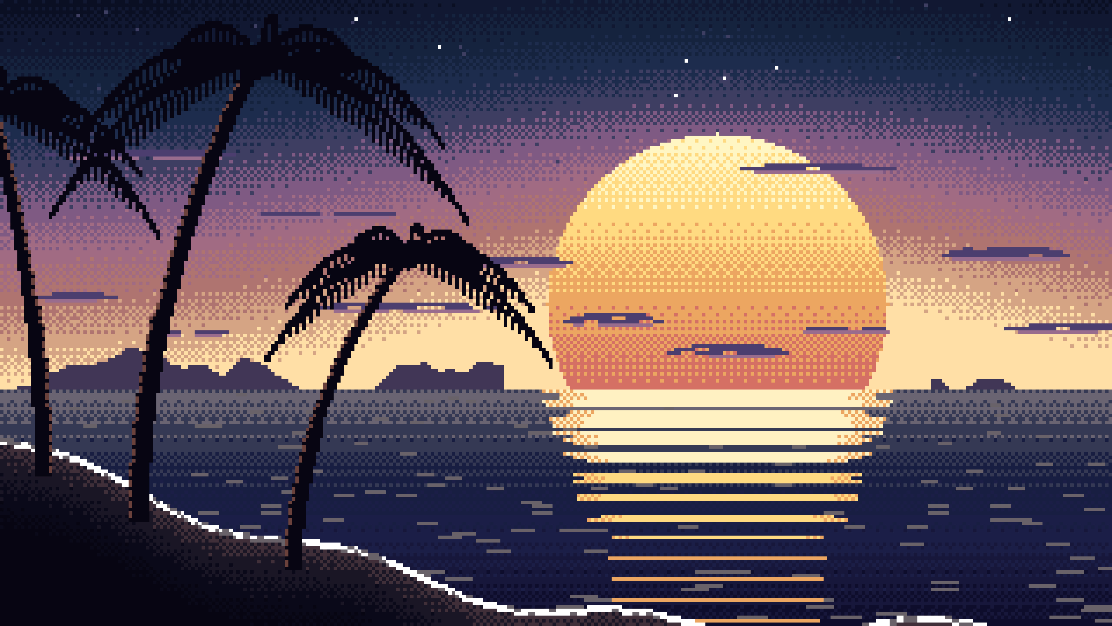 Navy Pixel Art Beach Sunset desktop wallpaper in 4K