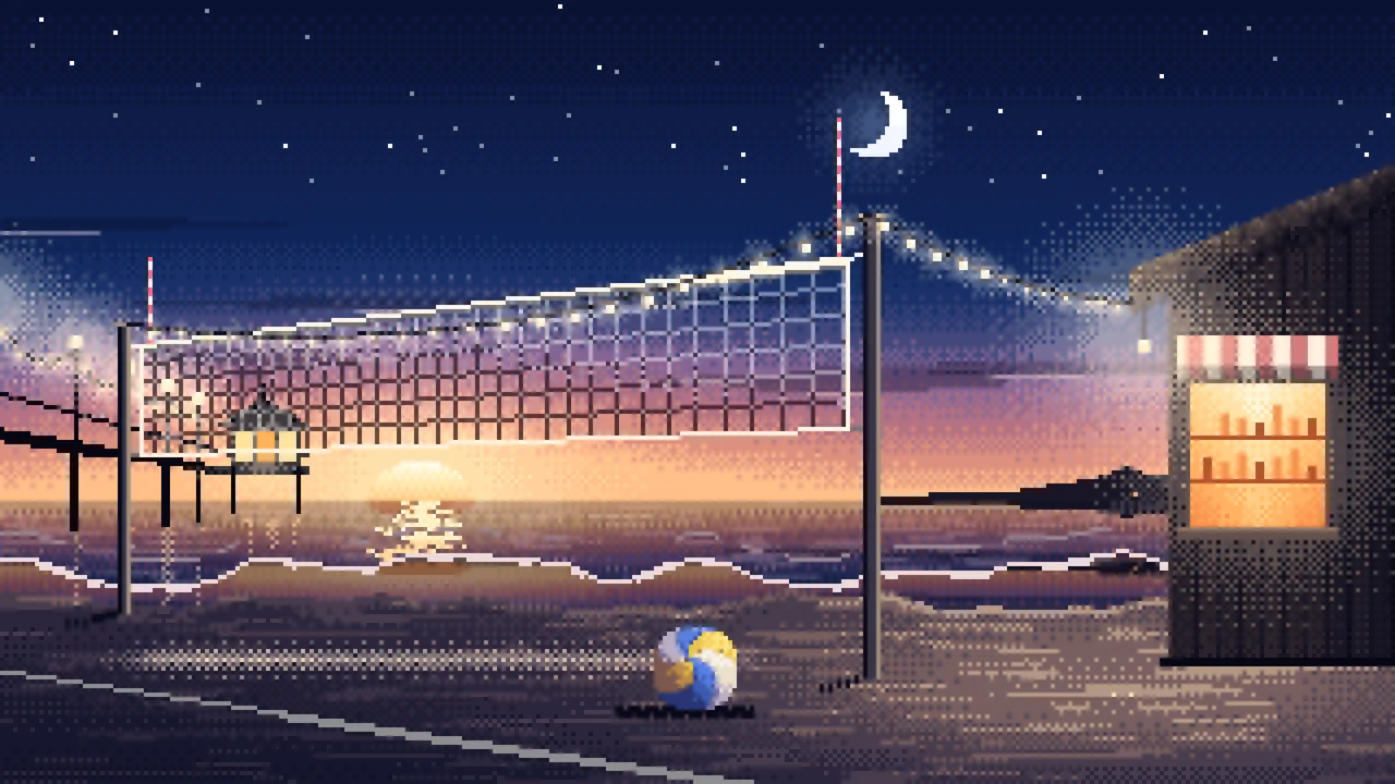 Navy Pixel Art Beach Volleyball by a Pier at Dusk desktop wallpaper in 4K