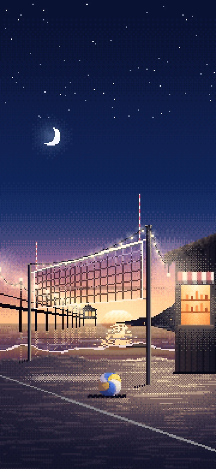 Navy Pixel Art Beach Volleyball by a Pier at Dusk wallpaper for iPhone and Android