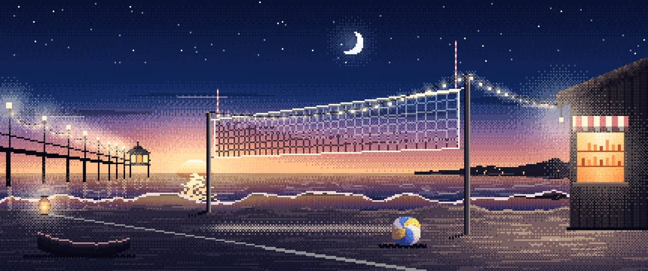 Navy Pixel Art Beach Volleyball by a Pier at Dusk ultrawide wallpaper, 3440 × 1440