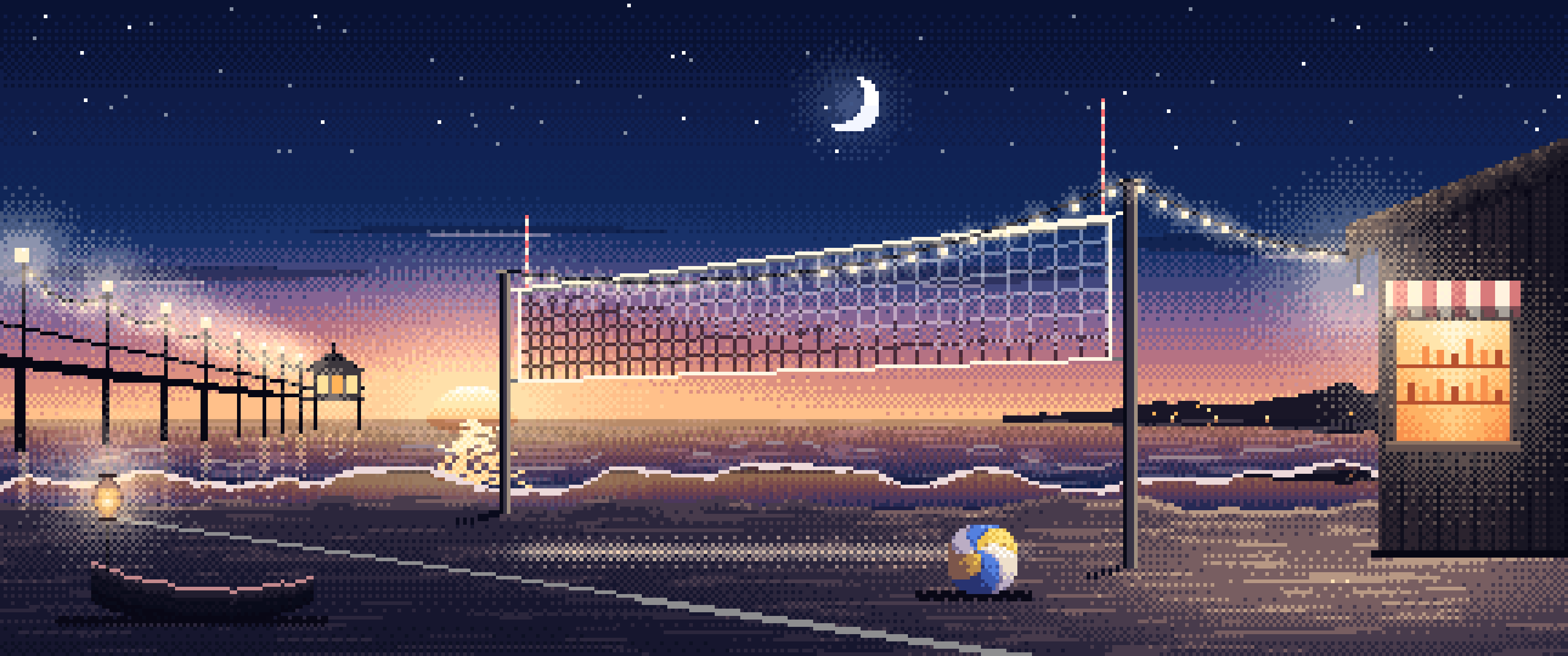 Navy Pixel Art Beach Volleyball by a Pier at Dusk ultrawide wallpaper, 3440 × 1440