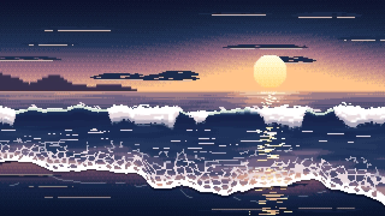Navy Pixel Art Beach Waves at Sunset desktop wallpaper in 4K