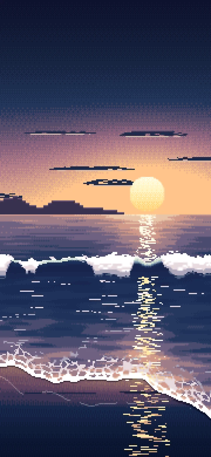 Navy Pixel Art Beach Waves at Sunset wallpaper for iPhone and Android