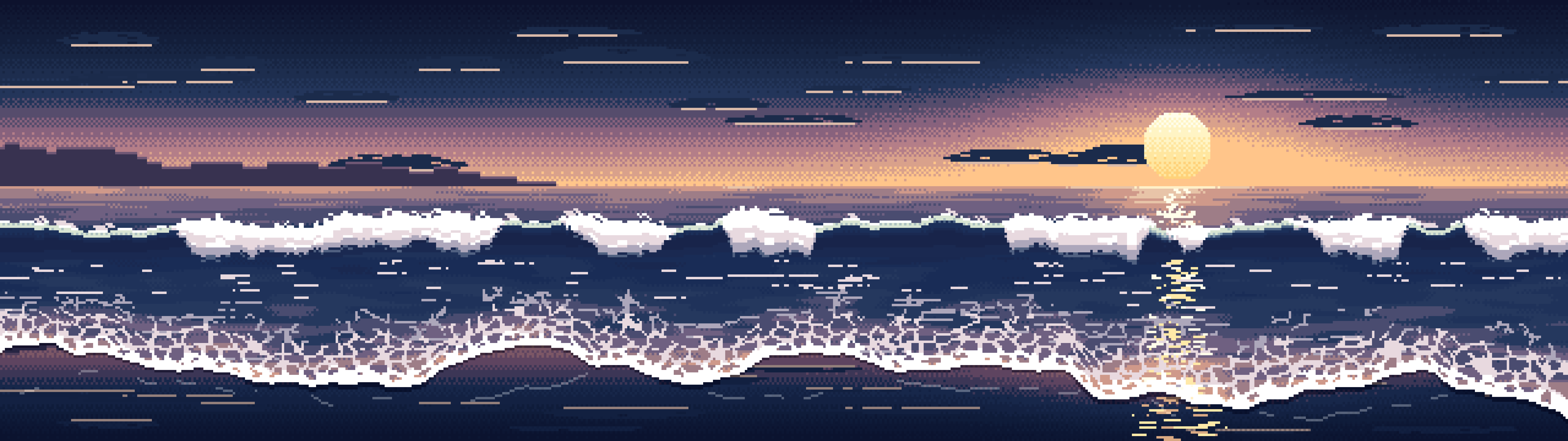 Navy Pixel Art Beach Waves at Sunset dual monitor wallpaper, 7680 × 2160