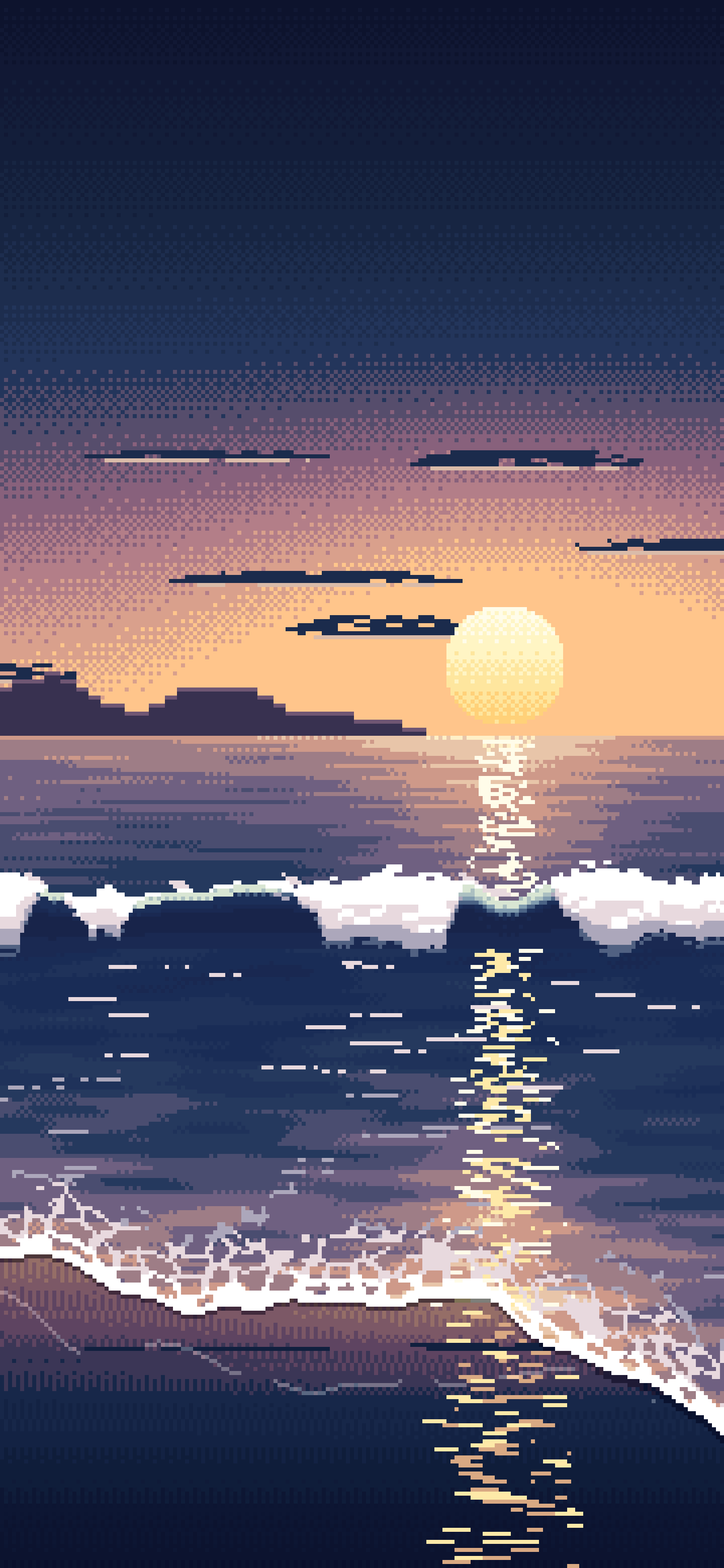 Navy Pixel Art Beach Waves at Sunset wallpaper for iPhone and Android