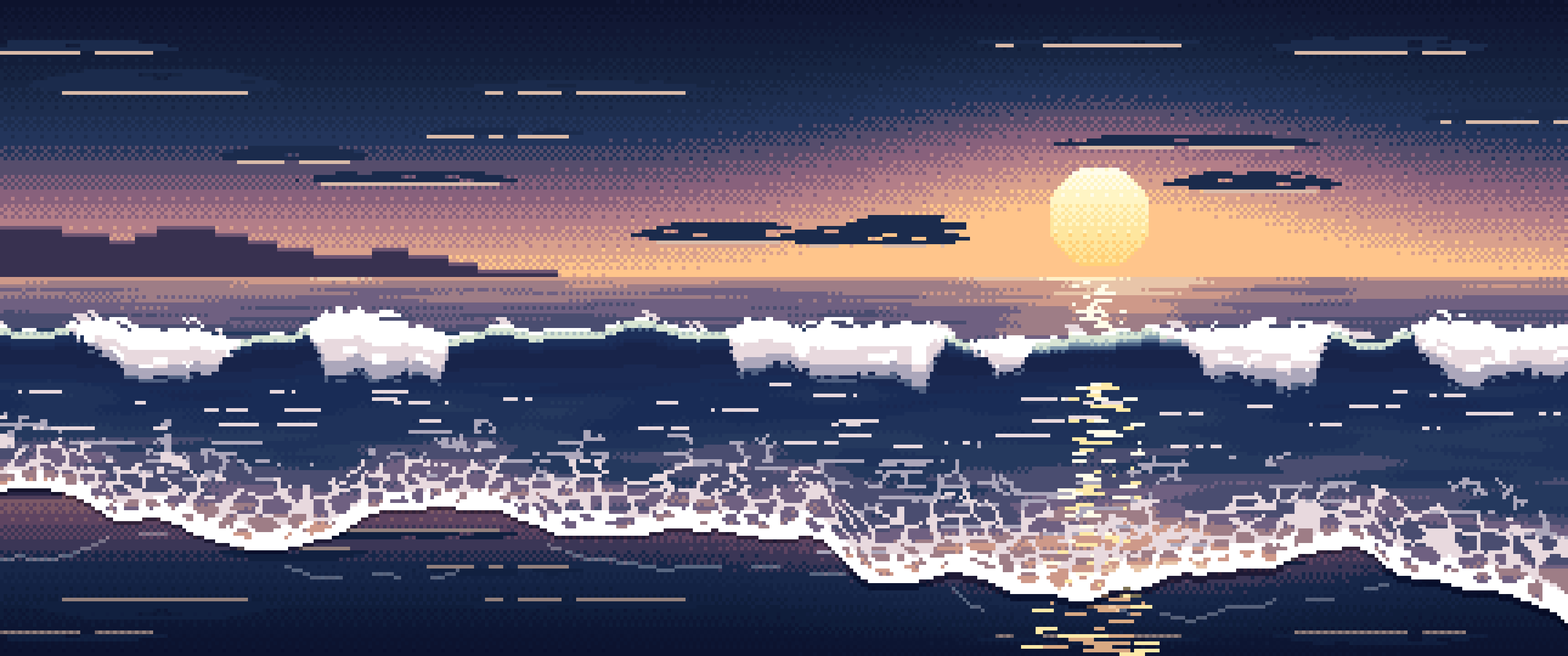 Navy Pixel Art Beach Waves at Sunset ultrawide wallpaper, 3440 × 1440