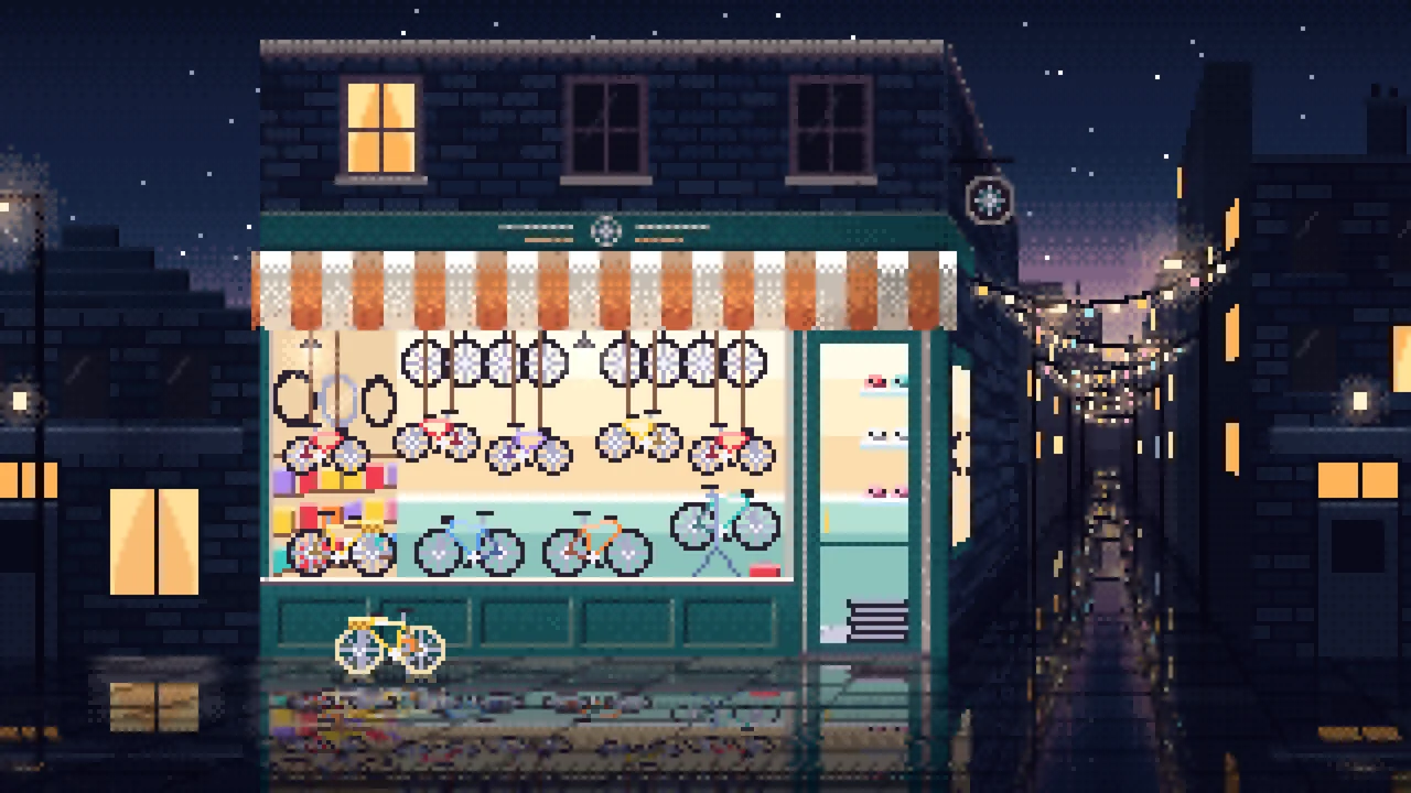 Navy Pixel Art Bicycle Shop desktop wallpaper in 4K