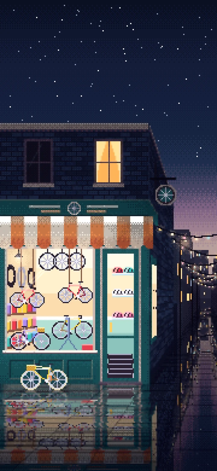 Navy Pixel Art Bicycle Shop wallpaper for iPhone and Android