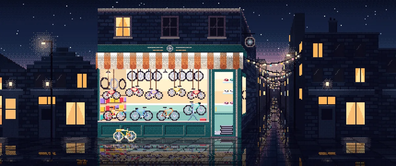 Navy Pixel Art Bicycle Shop ultrawide wallpaper, 3440 × 1440