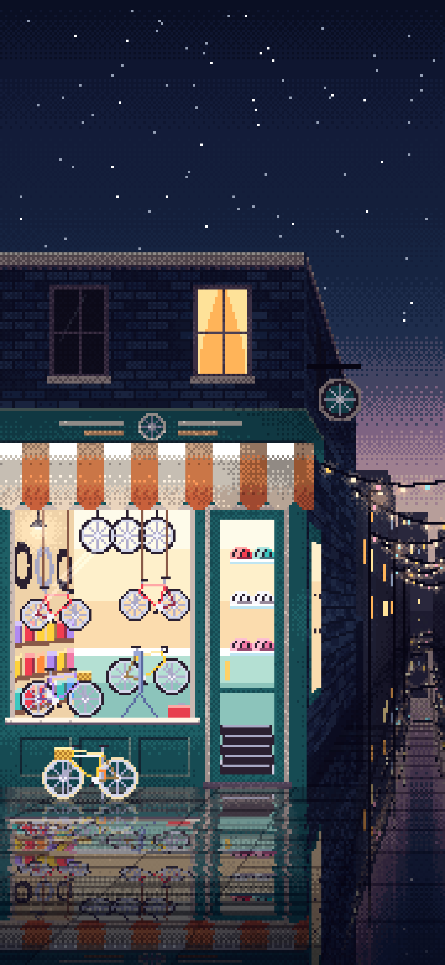 Navy Pixel Art Bicycle Shop wallpaper for iPhone and Android