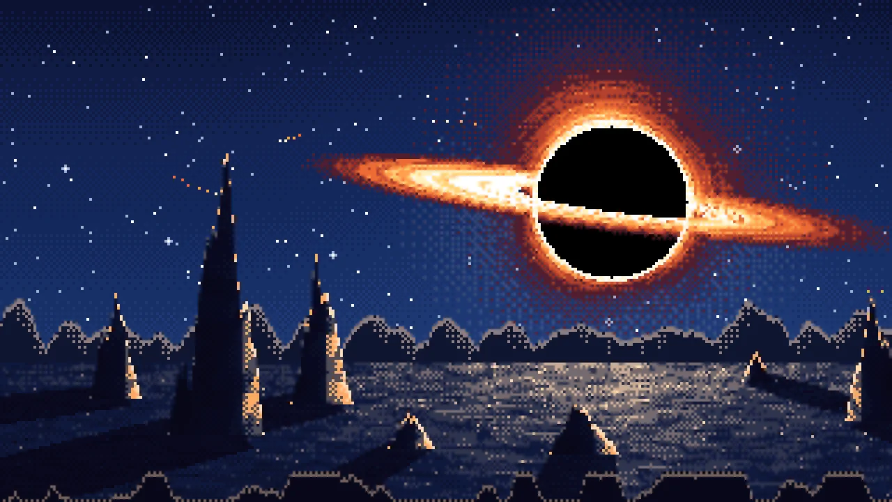Navy Pixel Art Black Hole Over an Alien World desktop wallpaper in 4K