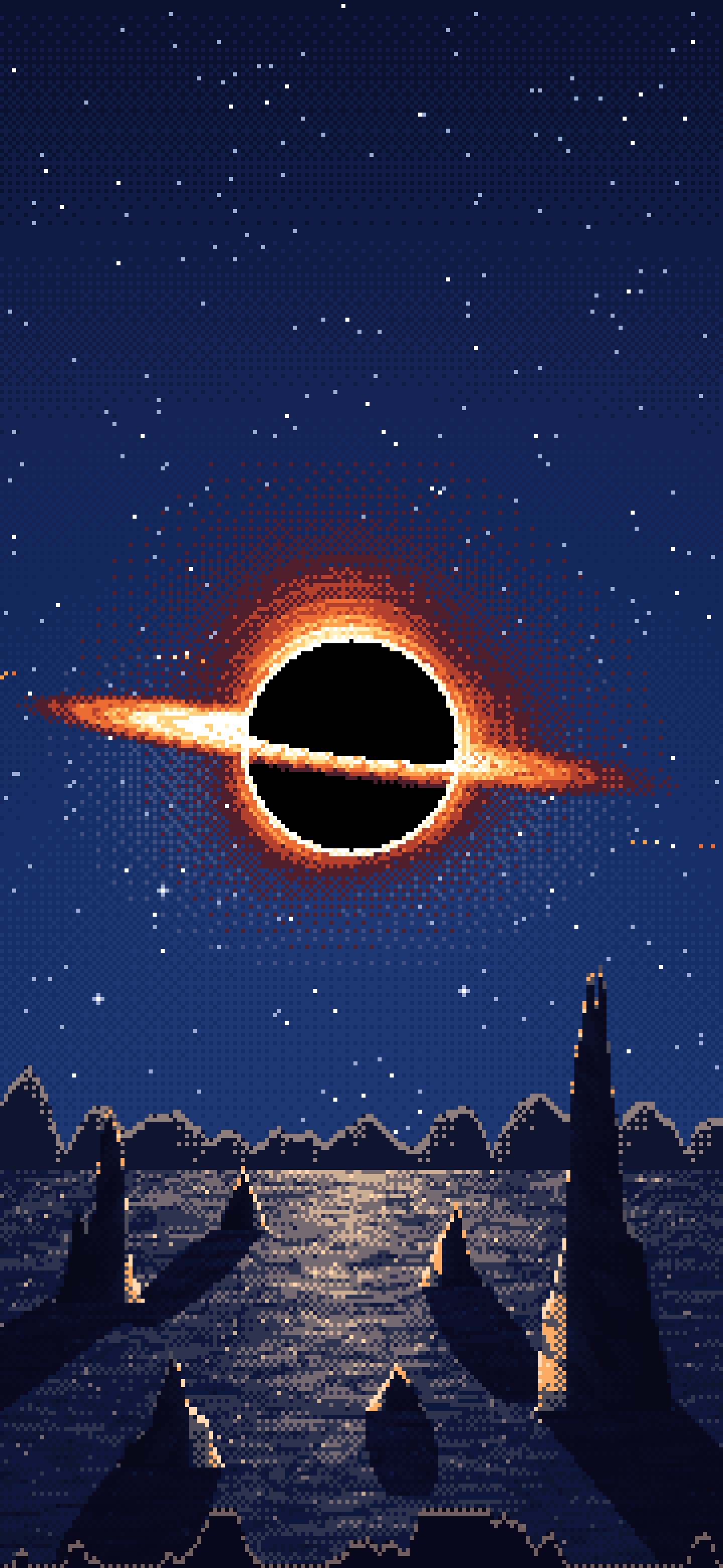 Navy Pixel Art Black Hole Over an Alien World wallpaper for iPhone and Android