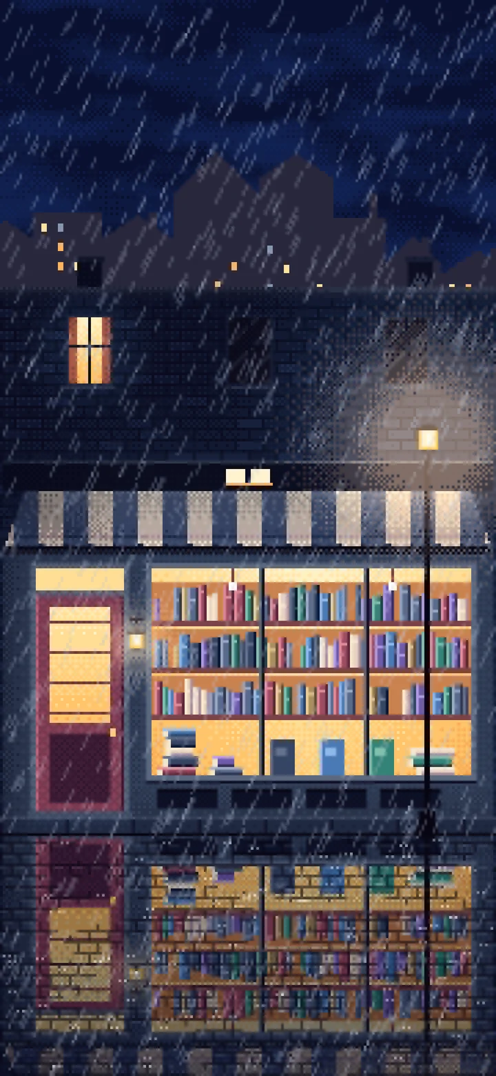 Navy Pixel Art Bookshop at Night in the Rain wallpaper for iPhone and Android