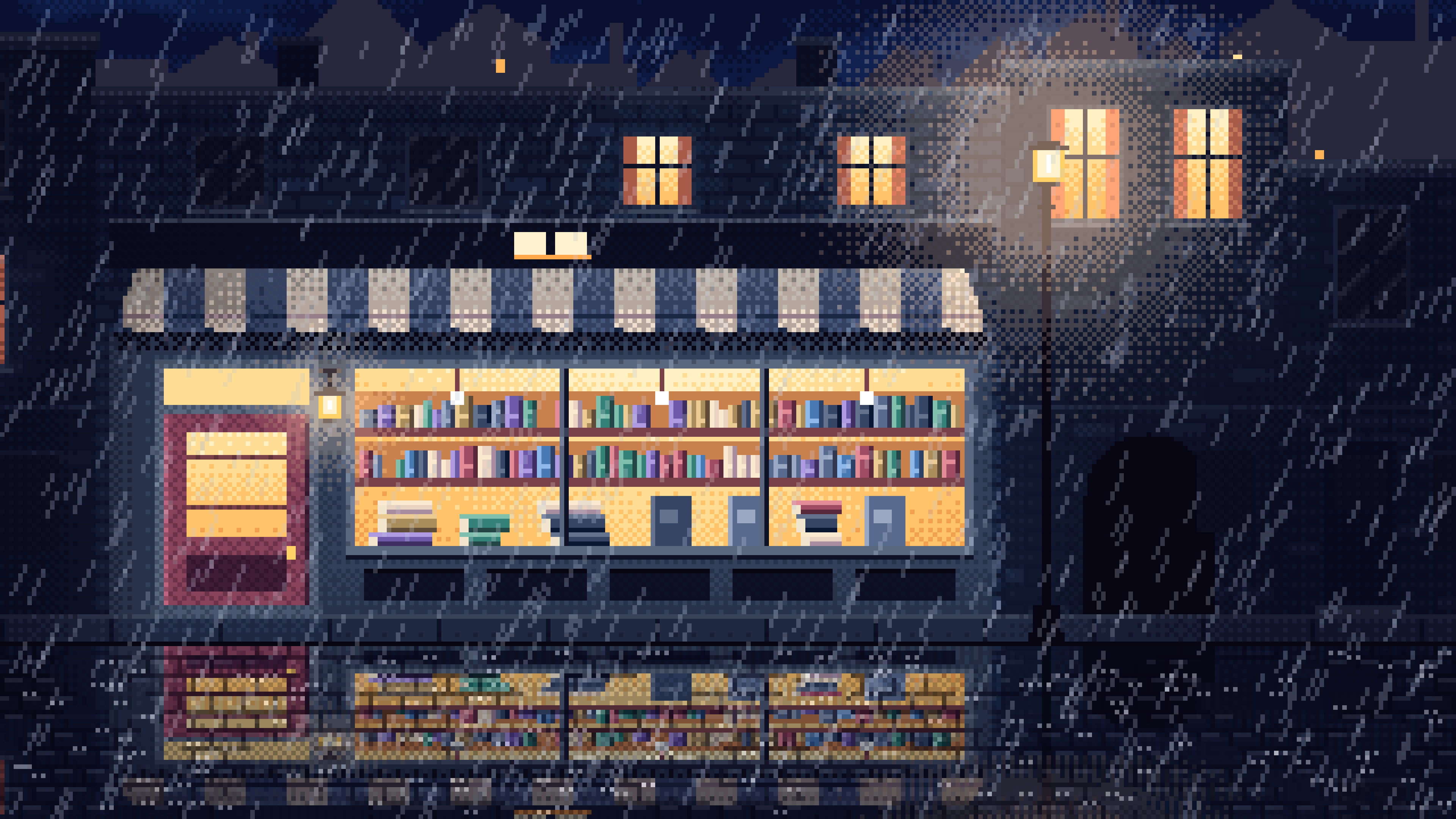 Navy Pixel Art Bookshop at Night in the Rain desktop wallpaper in 4K