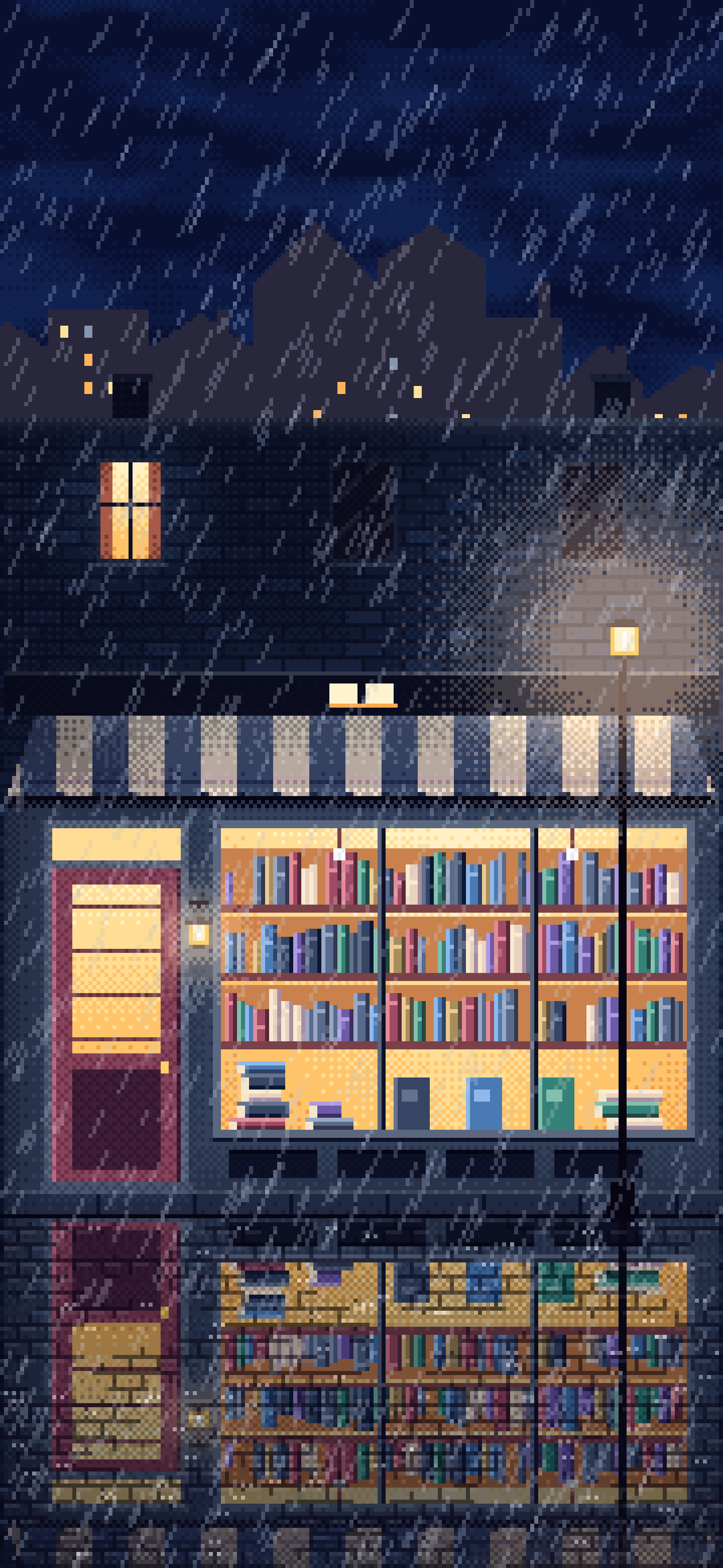Navy Pixel Art Bookshop at Night in the Rain wallpaper for iPhone and Android