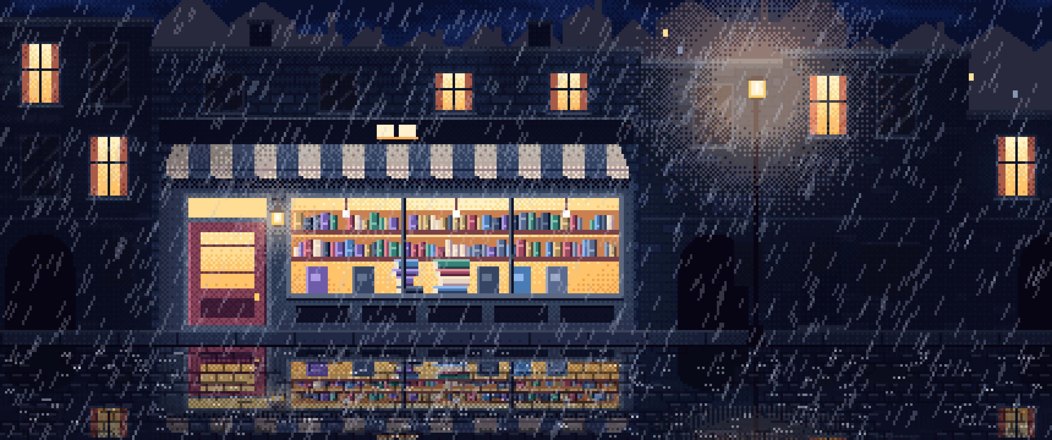 Navy Pixel Art Bookshop at Night in the Rain ultrawide wallpaper, 3440 × 1440