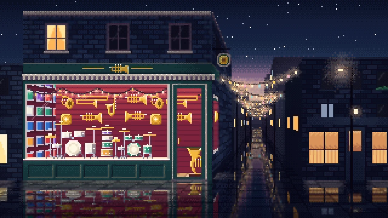 Navy Pixel Art Brass and Drum Shop desktop wallpaper in 4K