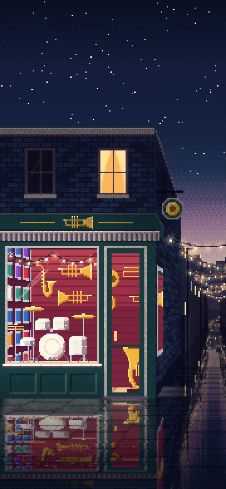 Navy Pixel Art Brass and Drum Shop wallpaper for iPhone and Android