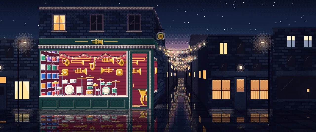 Navy Pixel Art Brass and Drum Shop ultrawide wallpaper, 3440 × 1440