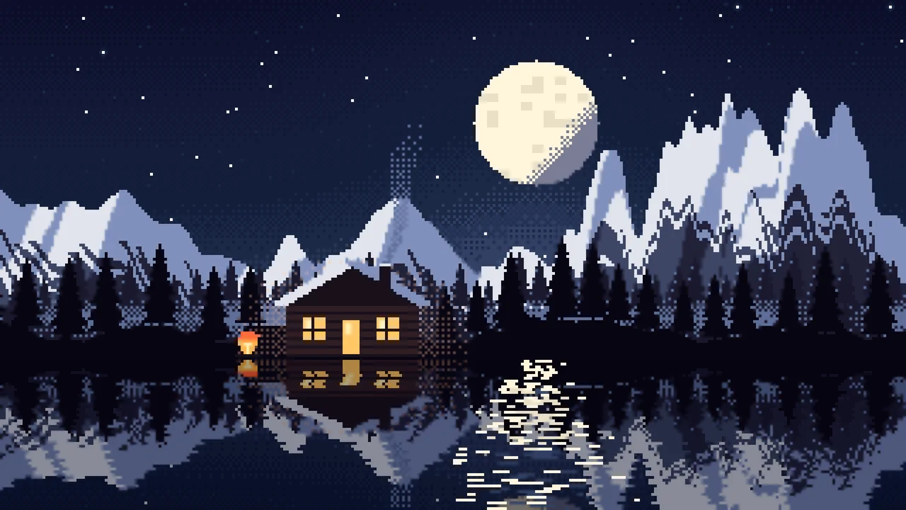 Navy Pixel Art Cabin desktop wallpaper in 4K