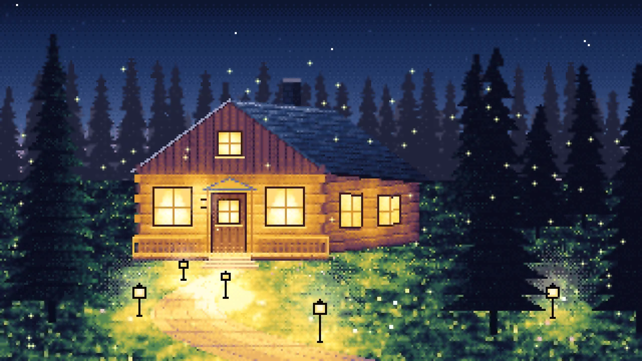 Navy Pixel Art Cabin in the Woods at Dusk desktop wallpaper in 4K