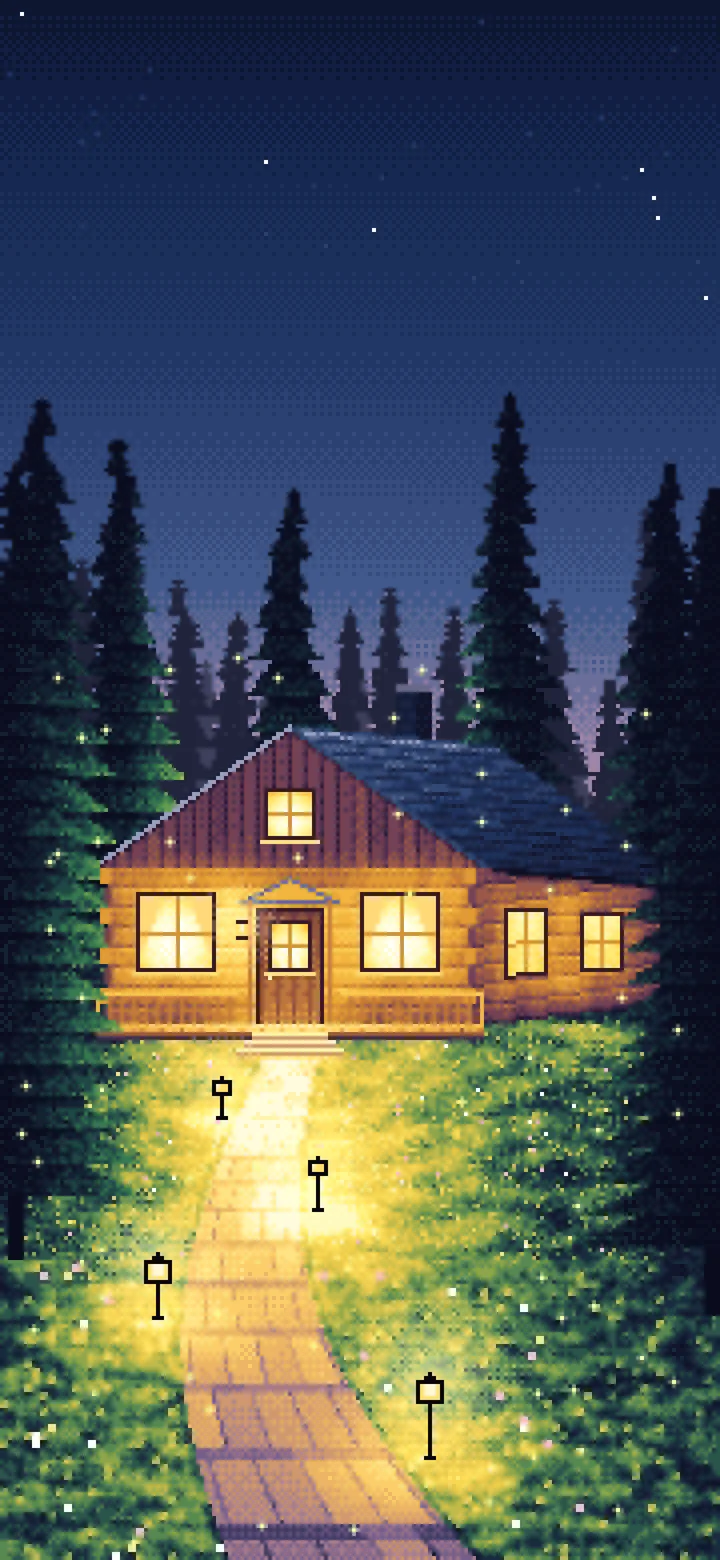 Navy Pixel Art Cabin in the Woods at Dusk wallpaper for iPhone and Android