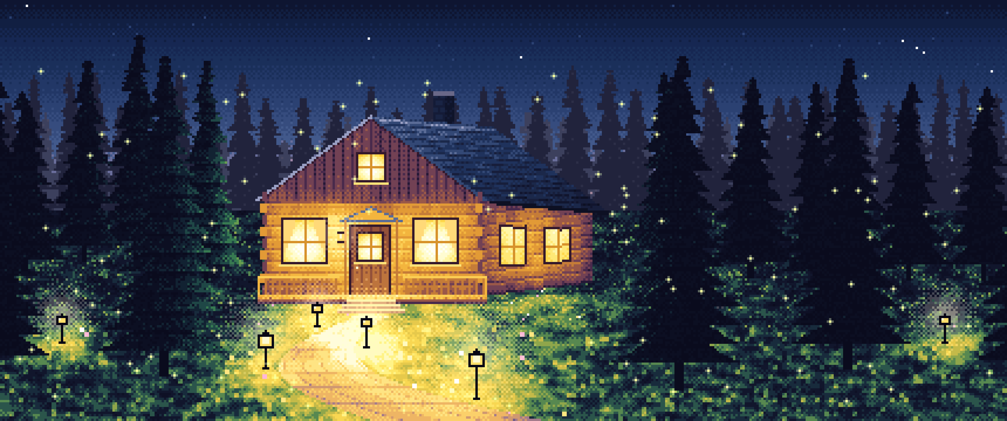 Navy Pixel Art Cabin in the Woods at Dusk ultrawide wallpaper, 3440 × 1440