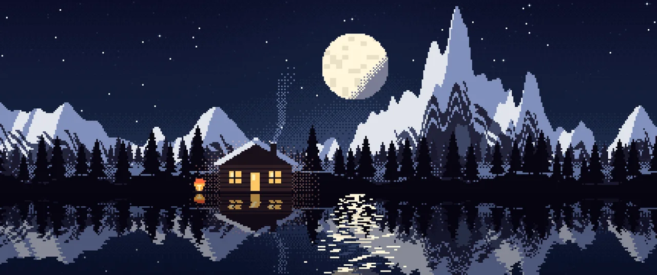 Navy Pixel Art Cabin ultrawide wallpaper, 3440 × 1440