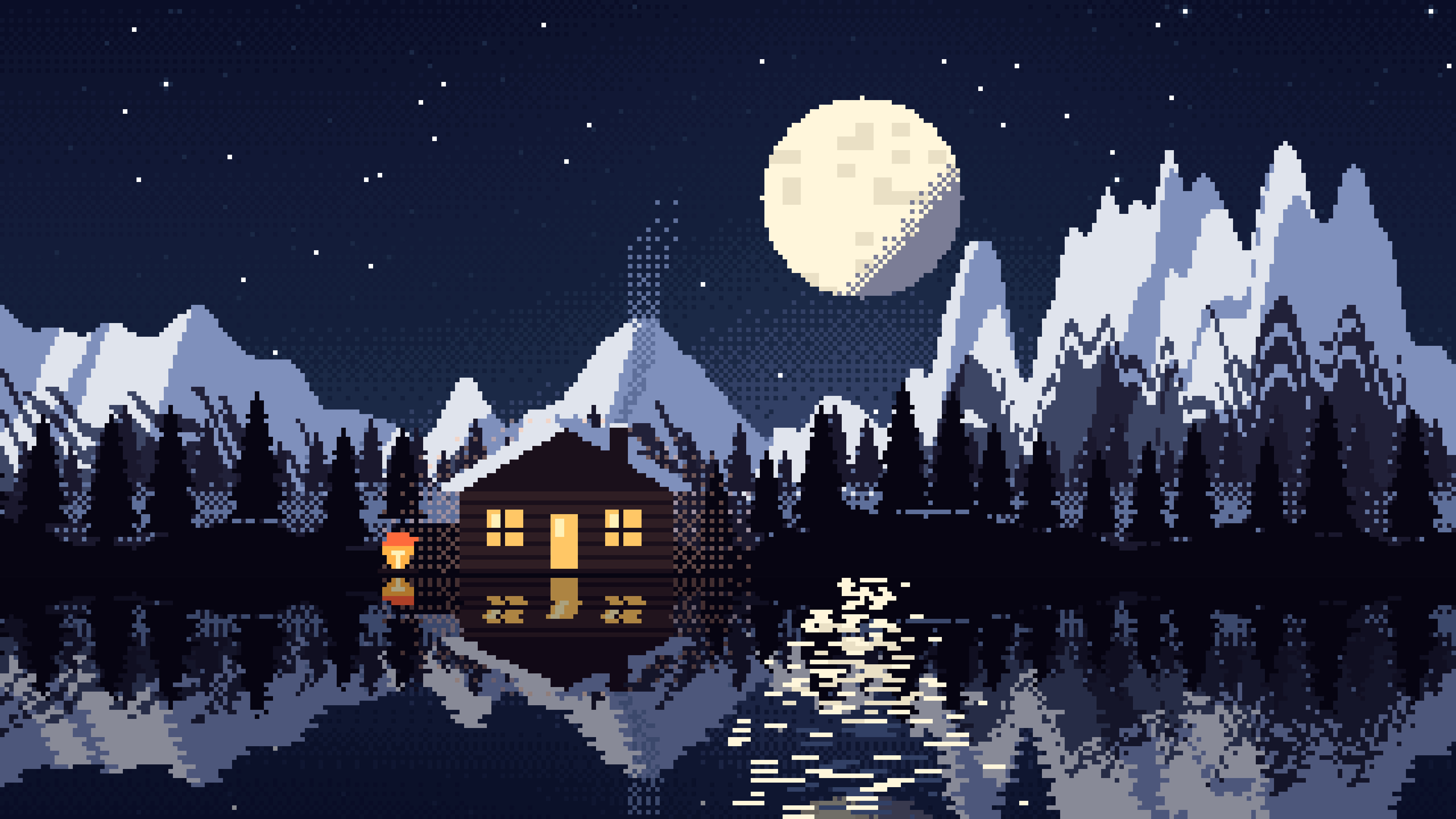 Navy Pixel Art Cabin desktop wallpaper in 4K