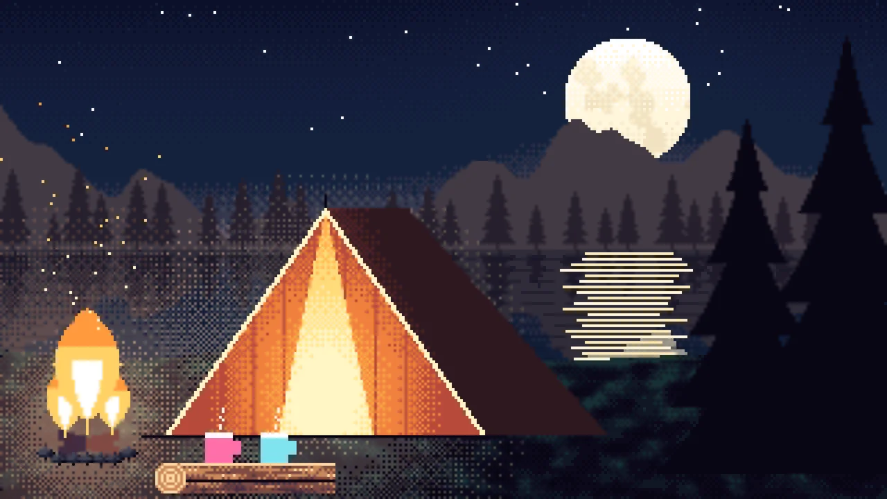 Navy Pixel Art Campfire desktop wallpaper in 4K