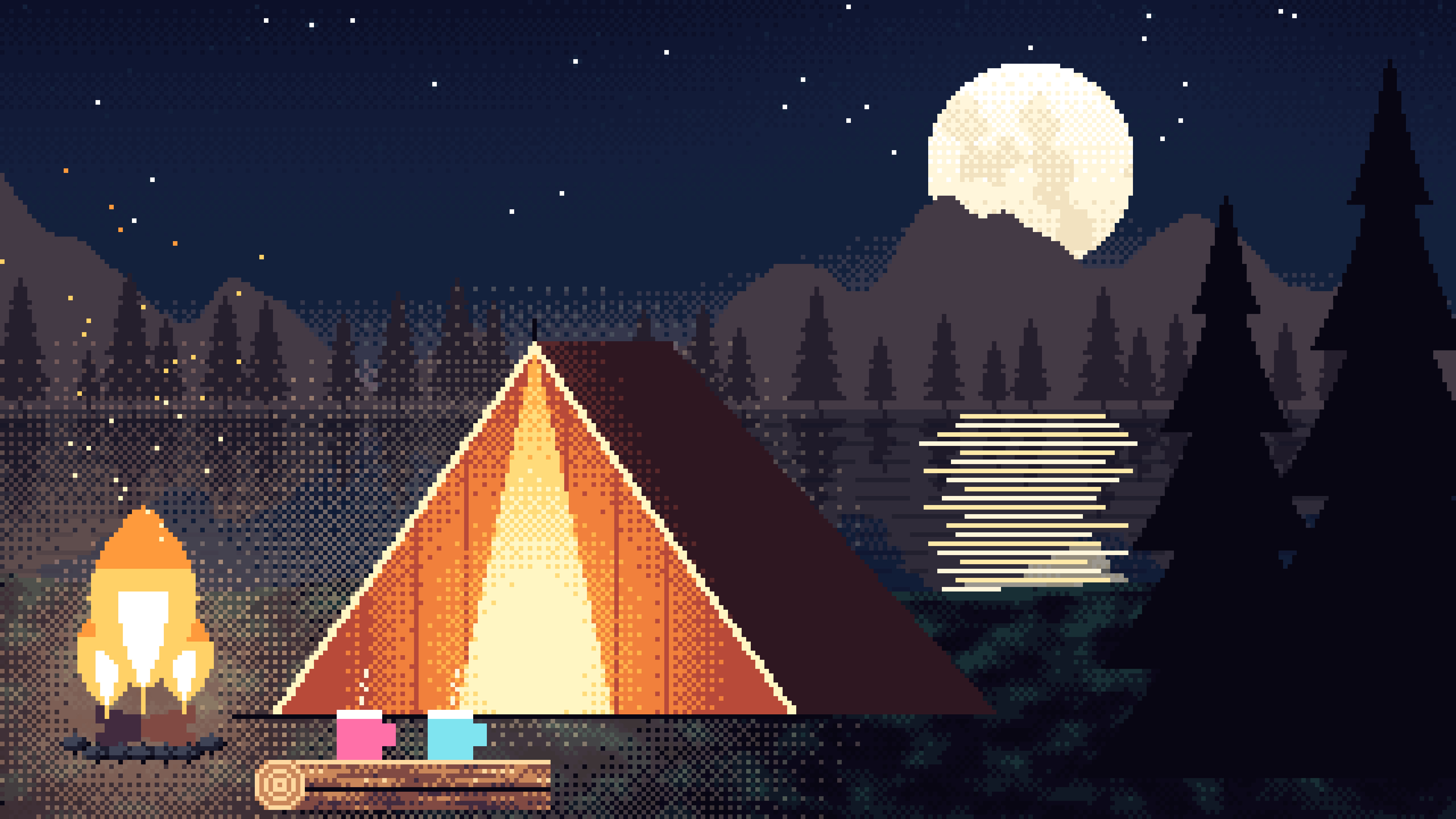 Navy Pixel Art Campfire desktop wallpaper in 4K