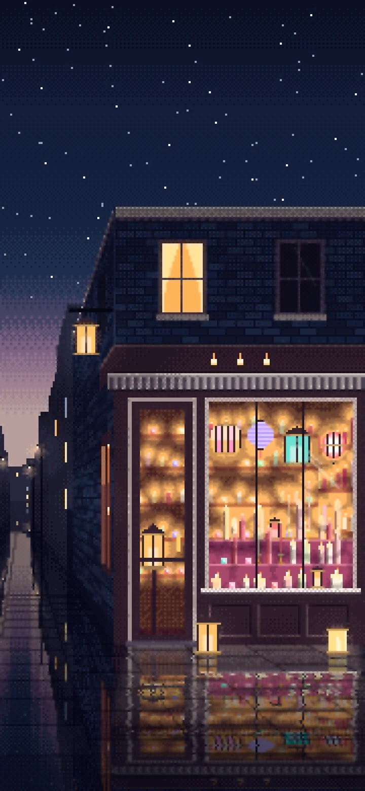 Navy Pixel Art Candle Shop wallpaper for iPhone and Android