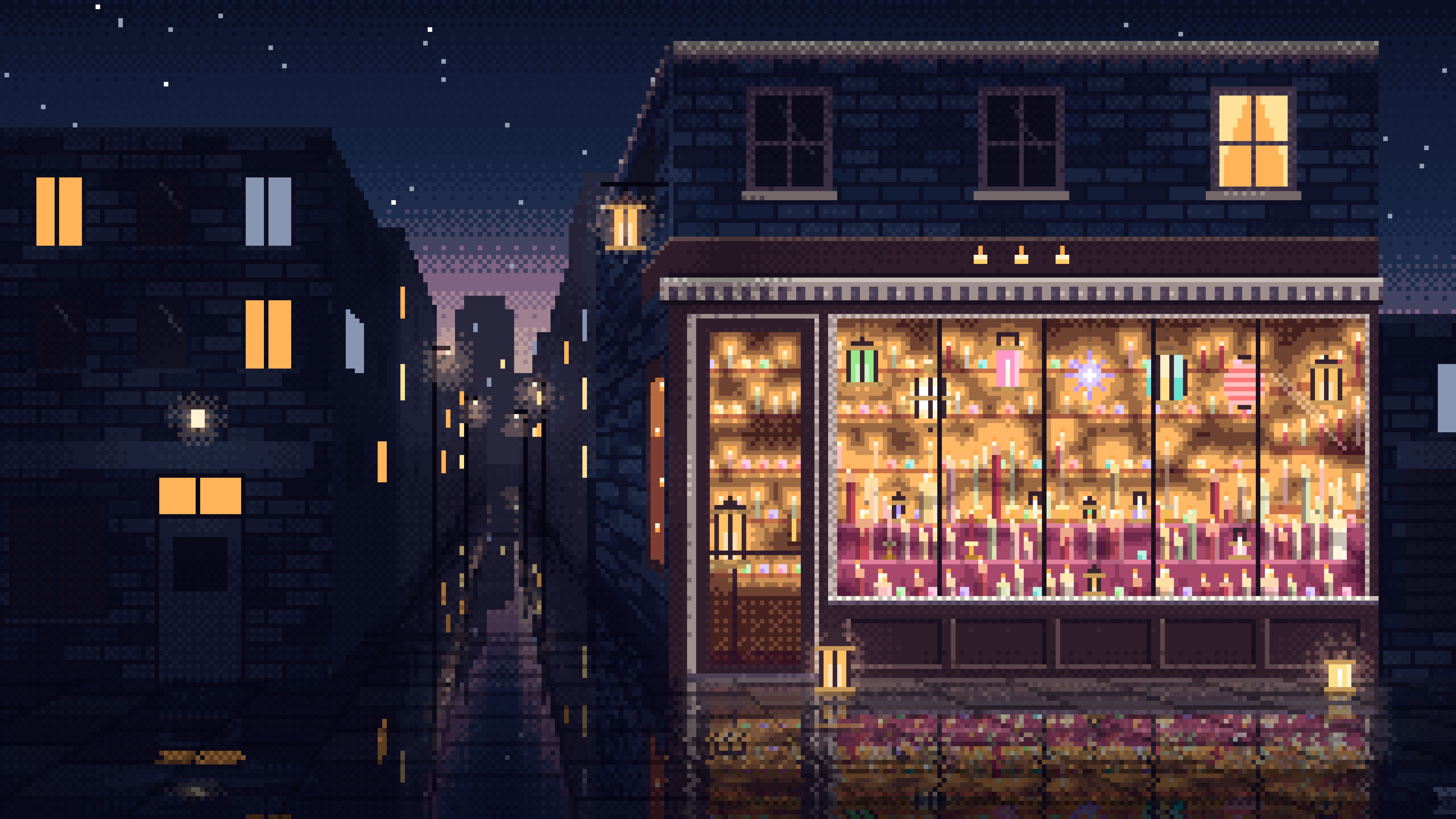 Navy Pixel Art Candle Shop desktop wallpaper in 4K