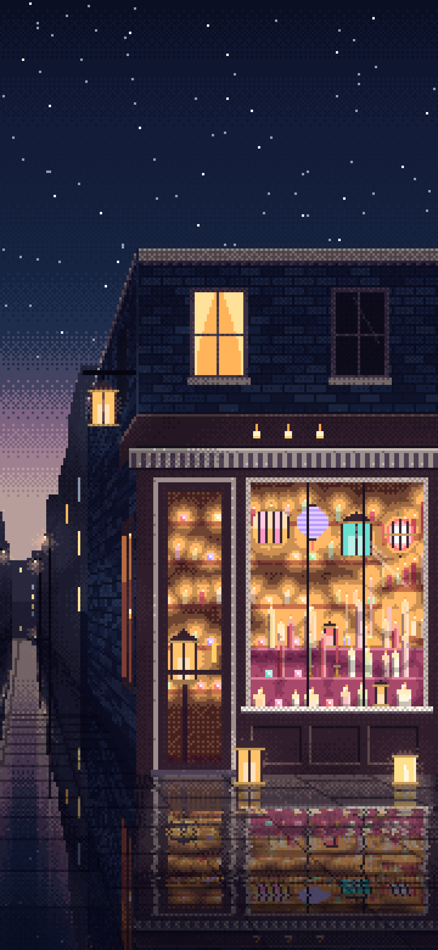 Navy Pixel Art Candle Shop wallpaper for iPhone and Android
