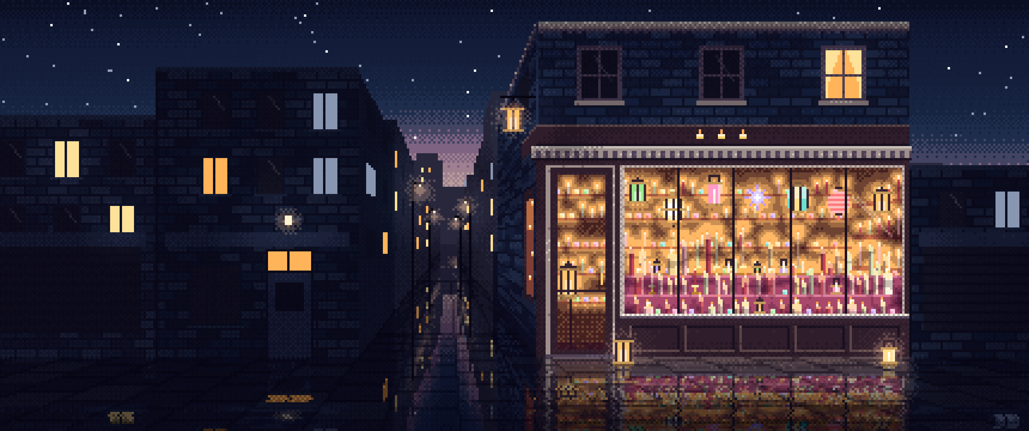 Navy Pixel Art Candle Shop ultrawide wallpaper, 3440 × 1440