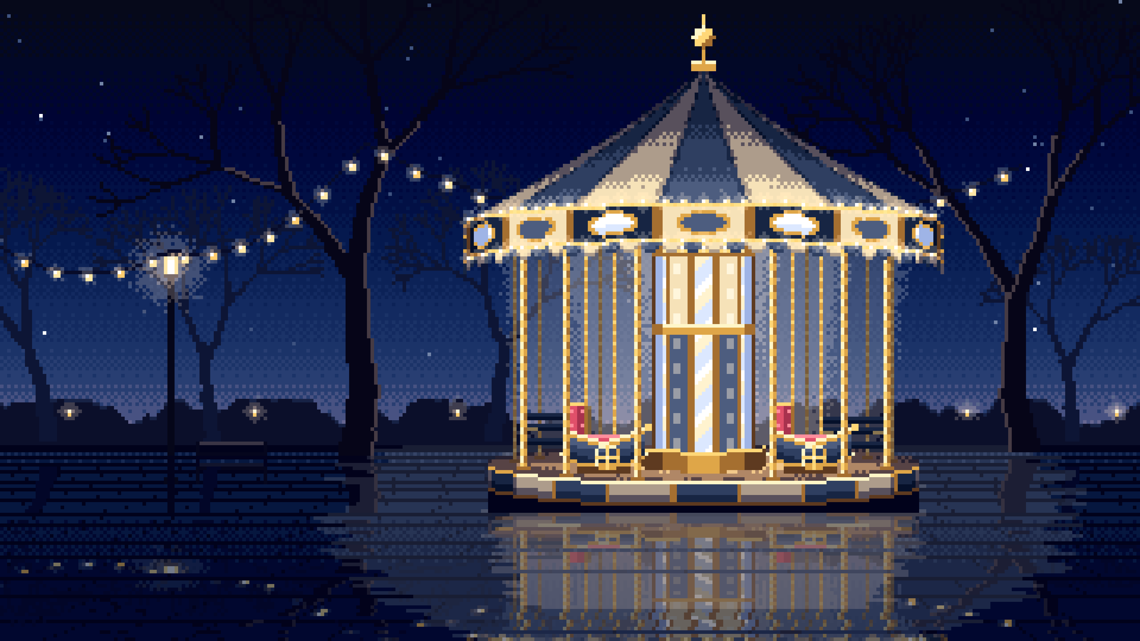 Navy Pixel Art Carousel at Night desktop wallpaper in 4K