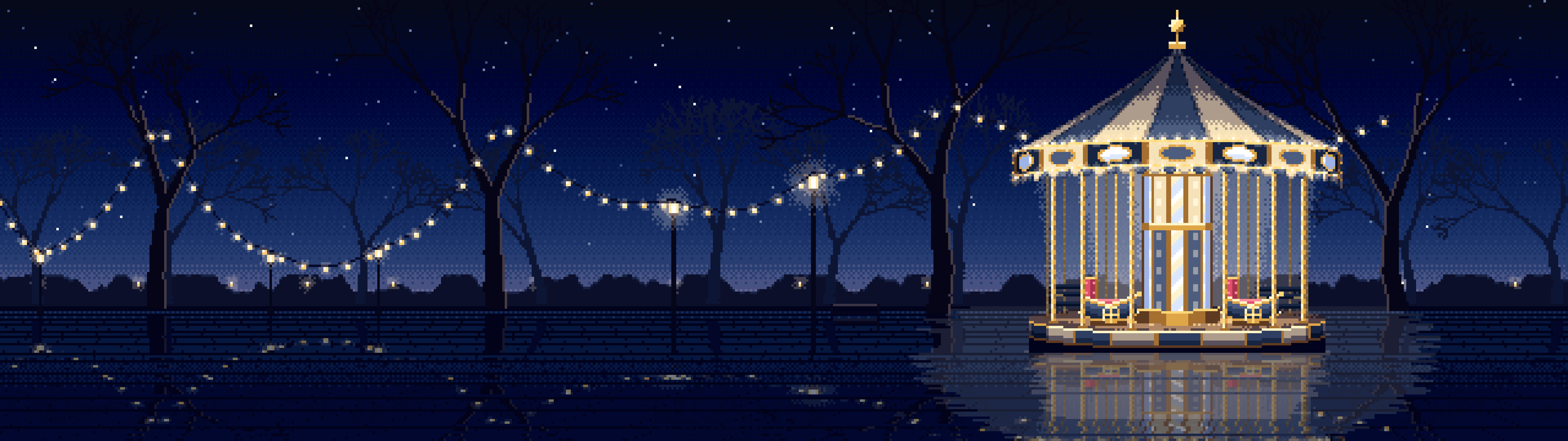 Navy Pixel Art Carousel at Night dual monitor wallpaper, 7680 × 2160
