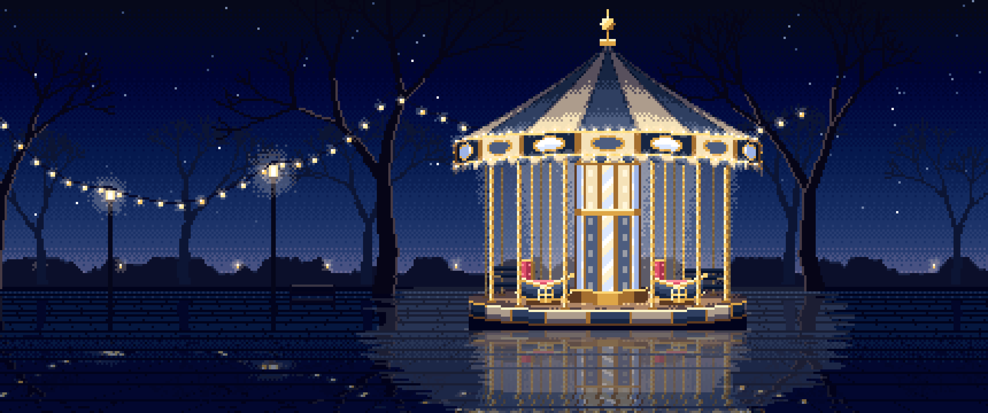 Navy Pixel Art Carousel at Night ultrawide wallpaper, 3440 × 1440