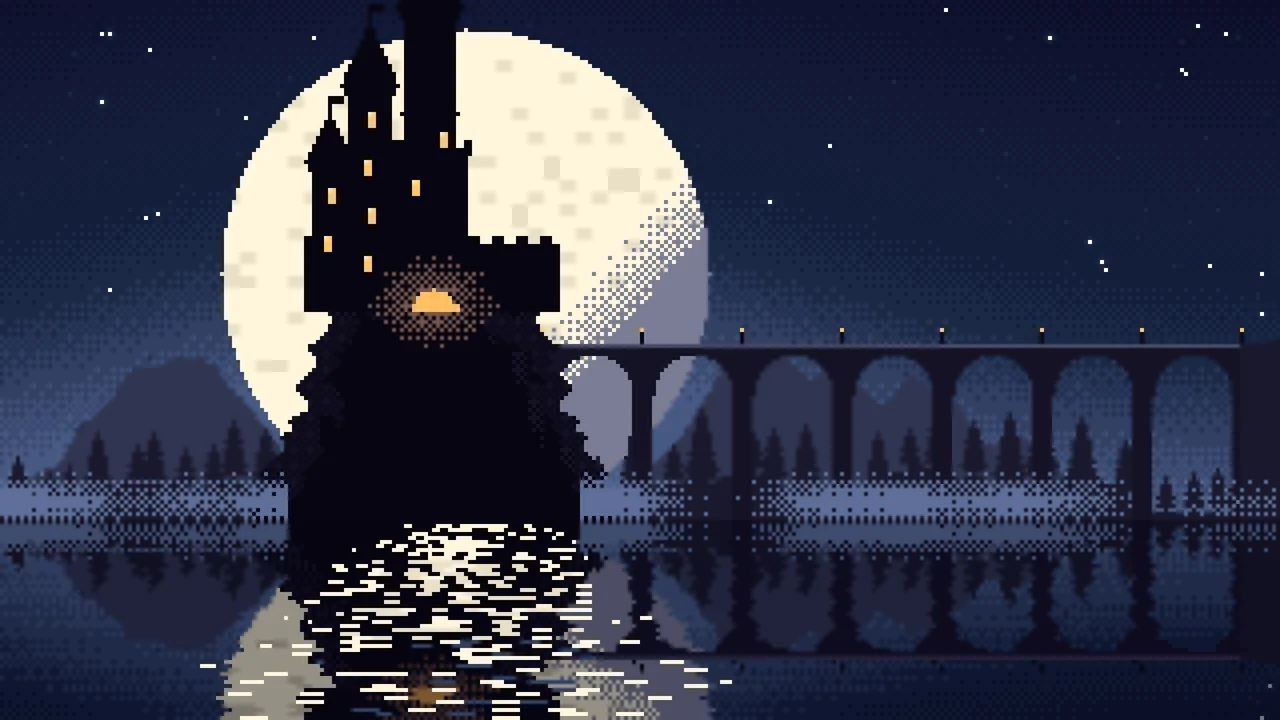 Navy Pixel Art Castle desktop wallpaper in 4K