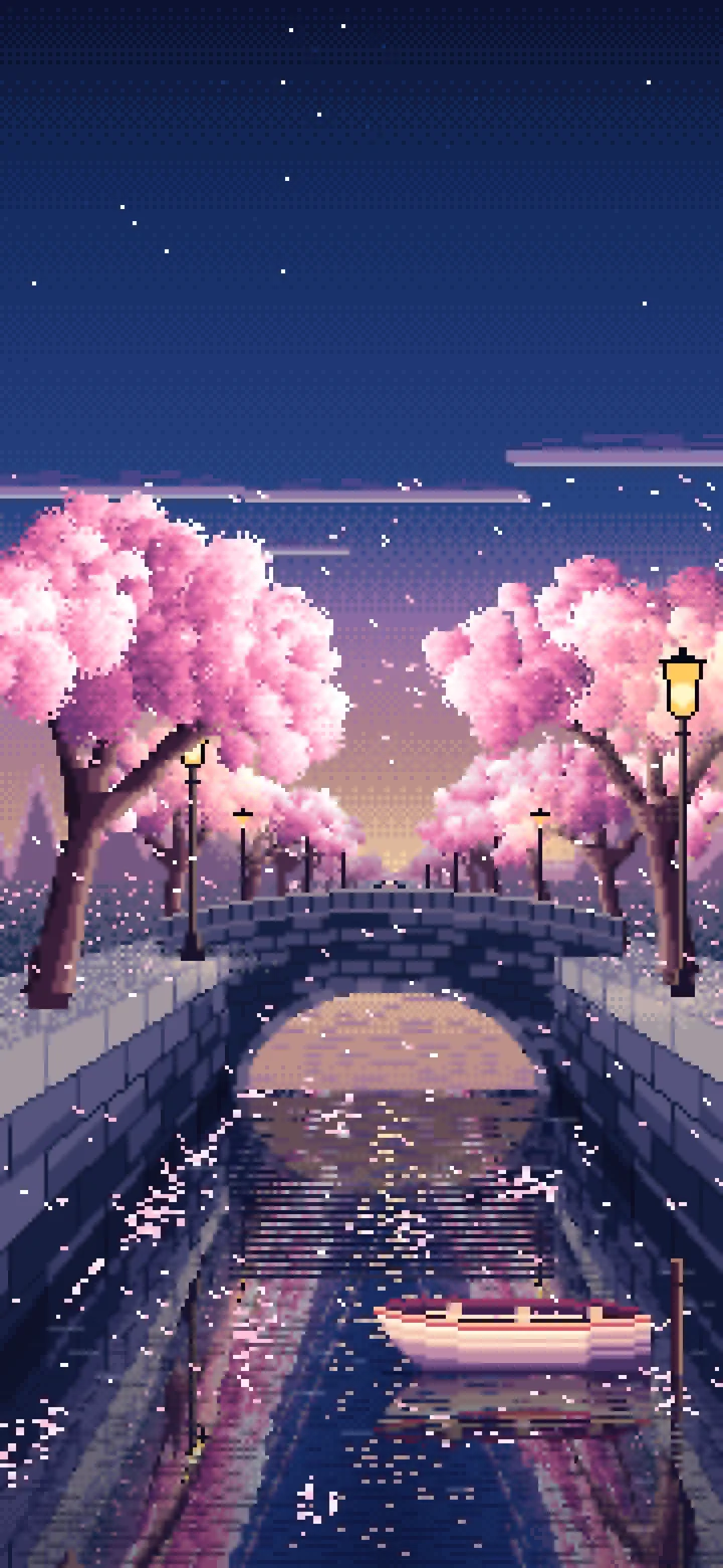 Navy Pixel Art Cherry Blossom Canal at Dusk wallpaper for iPhone and Android