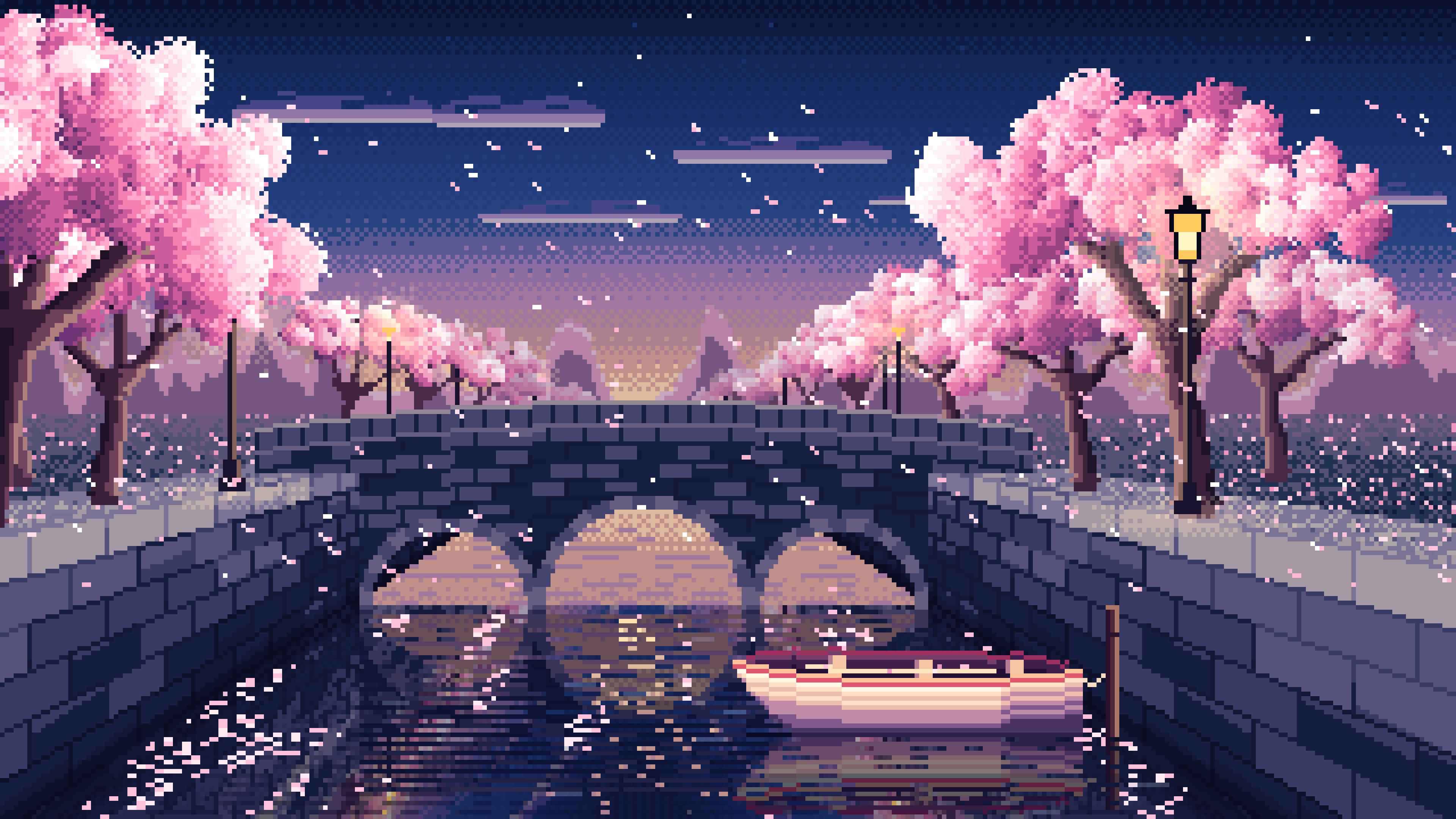 Navy Pixel Art Cherry Blossom Canal at Dusk desktop wallpaper in 4K