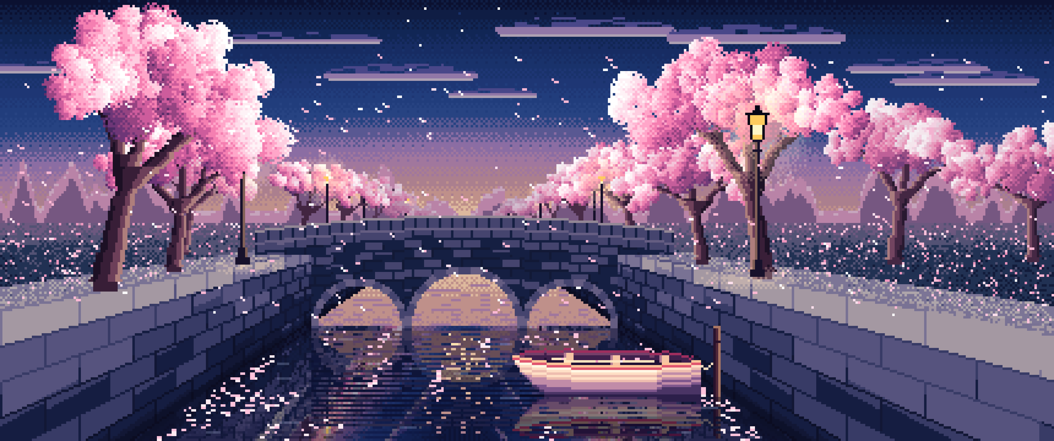 Navy Pixel Art Cherry Blossom Canal at Dusk ultrawide wallpaper, 3440 × 1440